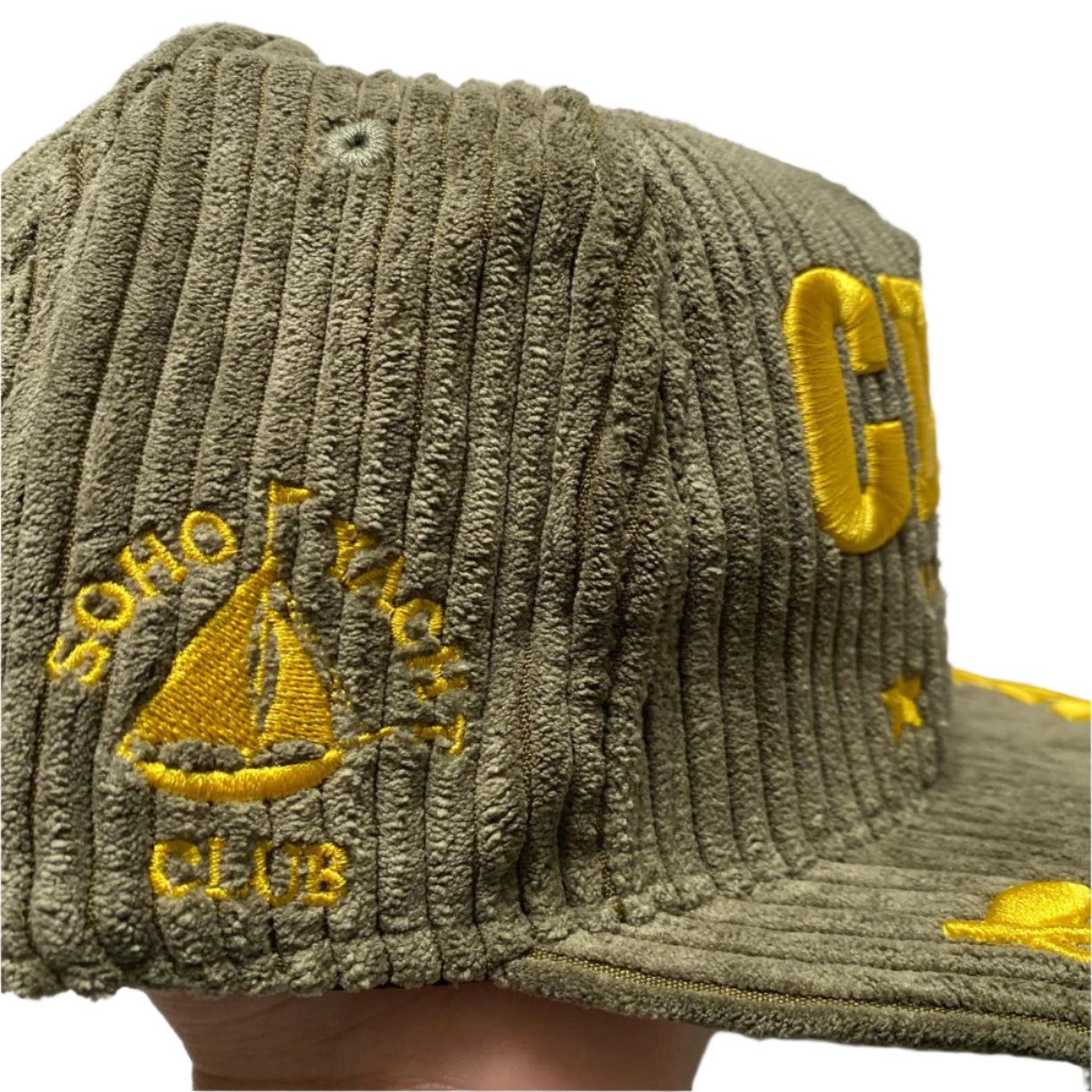 Corteiz Soho Yacht Club Corduroy Khaki Green and Gold Velour Snapback Cap