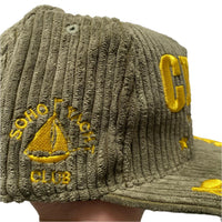 Corteiz Soho Yacht Club Corduroy Khaki Green and Gold Velour Snapback Cap