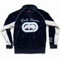 Ecko UNLTD Vintage Velour Navy Baby Blue and White Tracksuit Jacket (M)