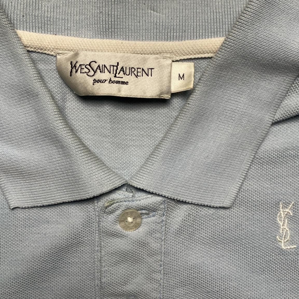 Yves Saint Laurent Vintage Light Blue and White Multi YSL Logo Polo Shirt (M)