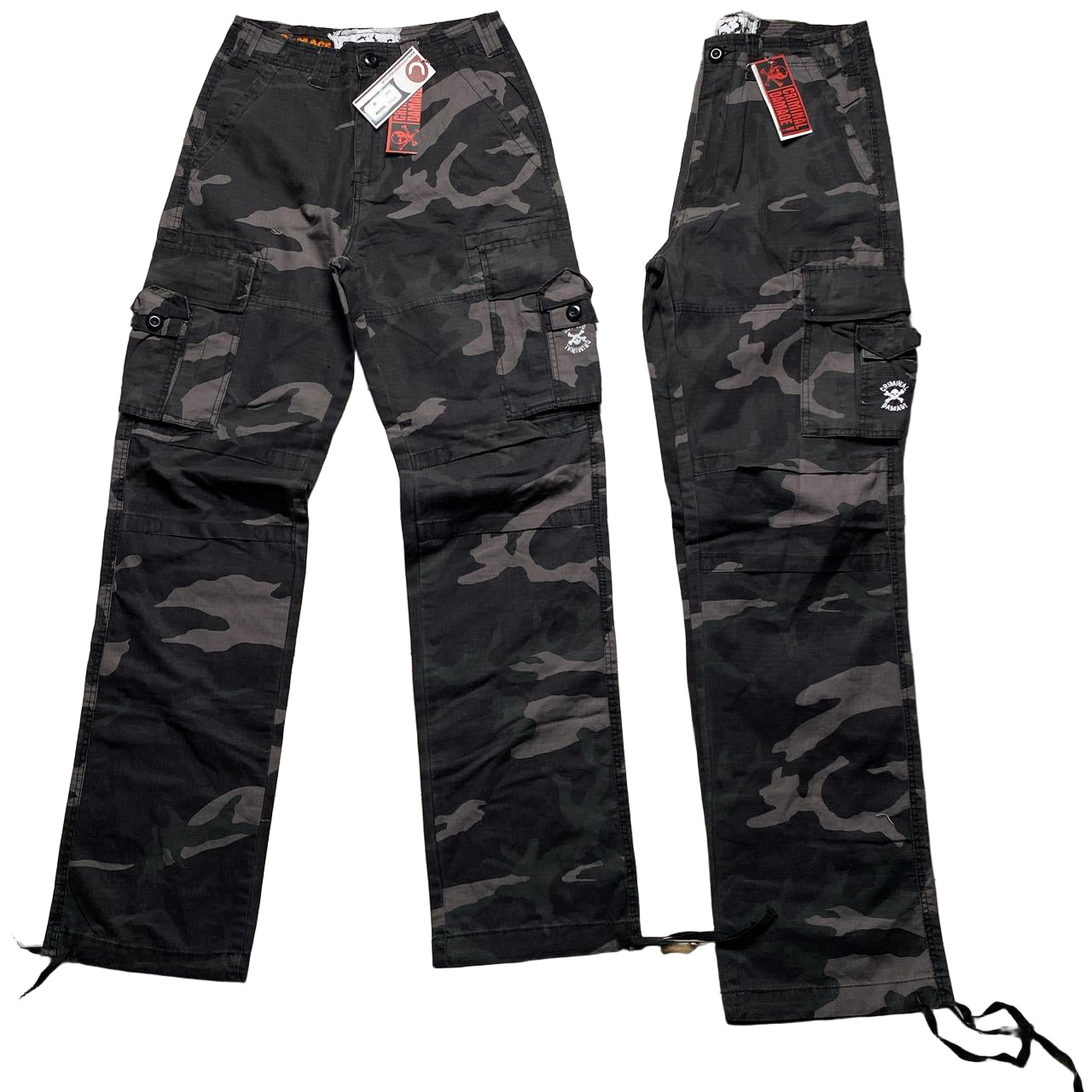 Criminal Damage Dark Green Camouflage Baggy Cargo Combat Trousers (28W/30W)
