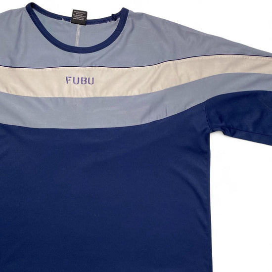 FUBU Navy Light Blue and White Vintage y2k Striped Jersey (XL)