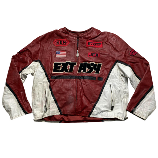 Extasy Vintage 90’s Red White and Black Leather Bomber Jacket (5XL)