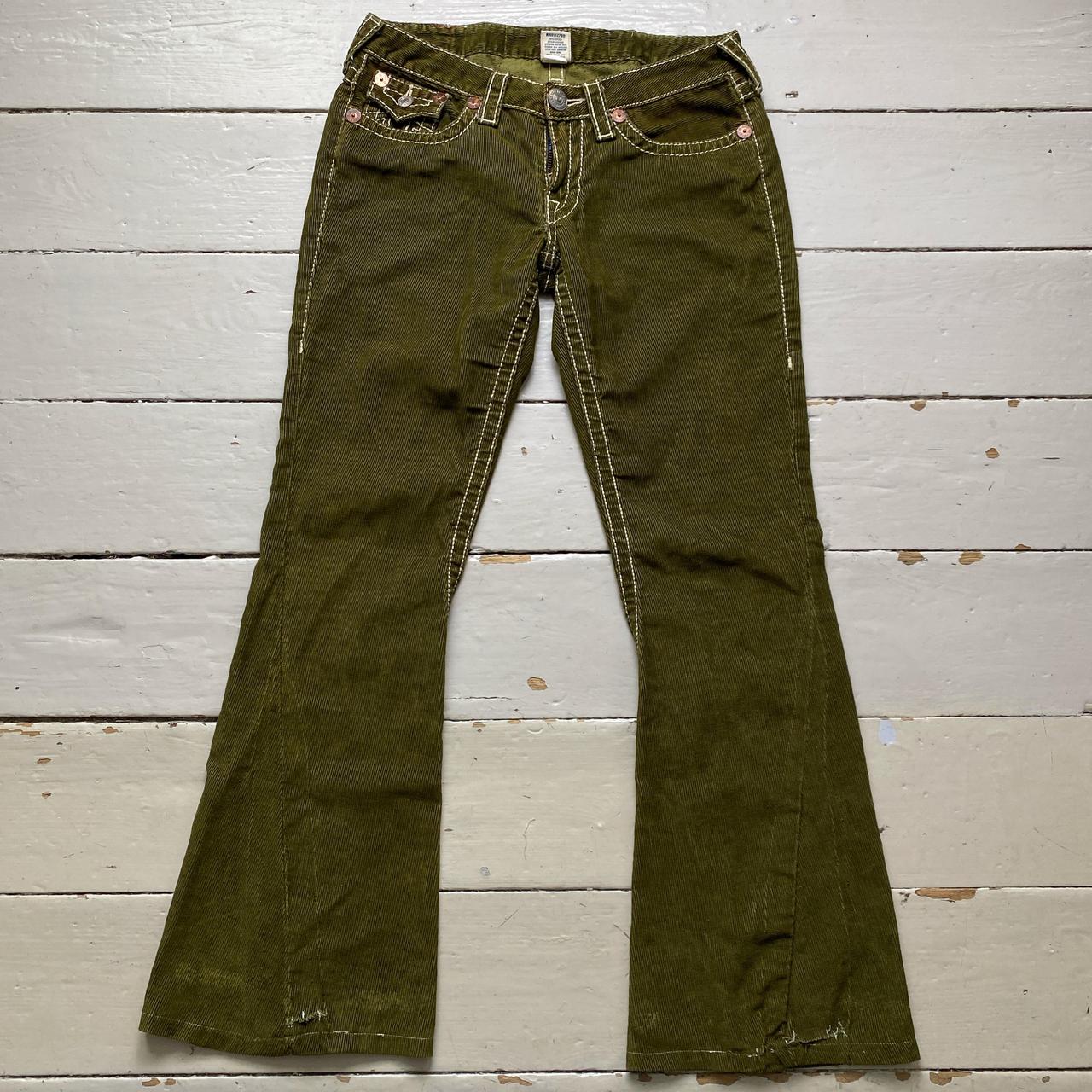 True Religion Joey Big T Big Stitch Olive Green and White Corduroy Flared Jeans