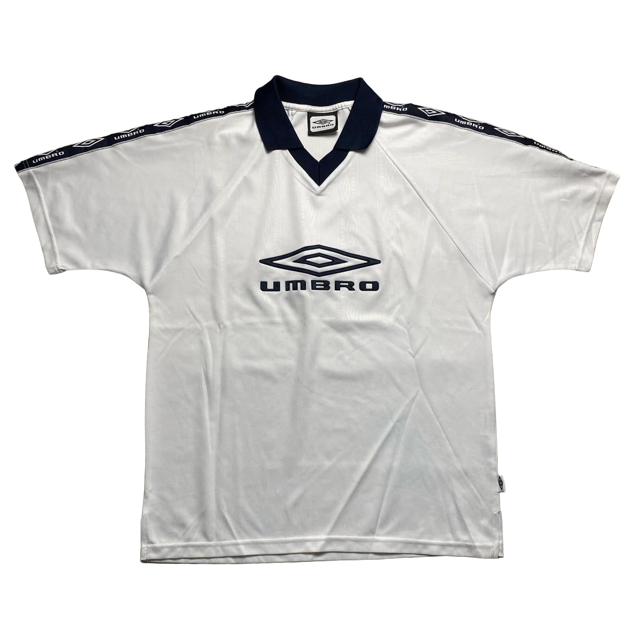 Umbro Vintage White and Navy 90’s Jersey Polo T Shirt (M)
