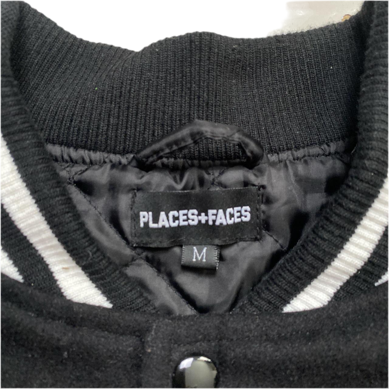 Places and Faces Black and White Varsity Bomber Jacket (M)