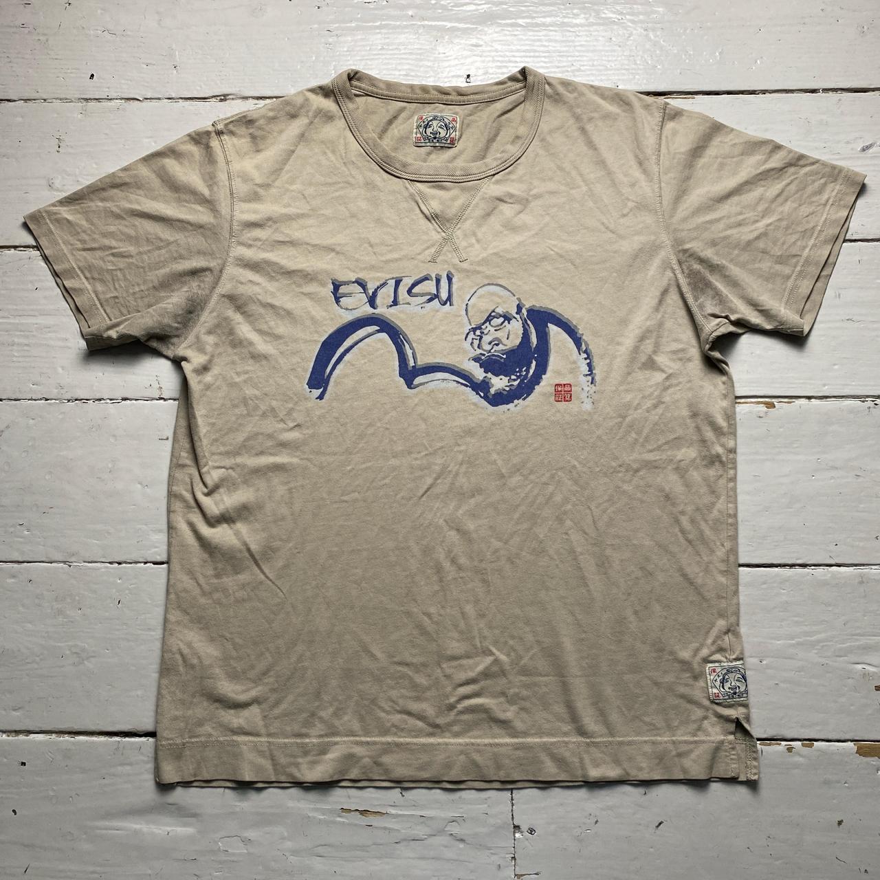 Evisu Vintage Tan and Blue Buddha Daicock Swoosh T Shirt