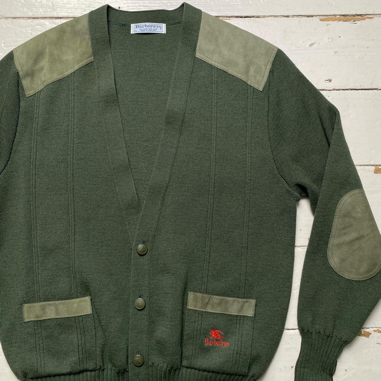 Burberry Burberrys Vintage 90’s Khaki Green Knit Cardigan with Suede Panels