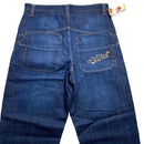 Criminal Damage Baggy Carpenter Graffiti Navy and Cream Embroidery Jeans (34W)
