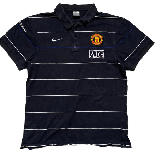 Nike Manchester United Vintage AIG 2007 2008 Black Blue and White Stripe Polo Shirt (L)