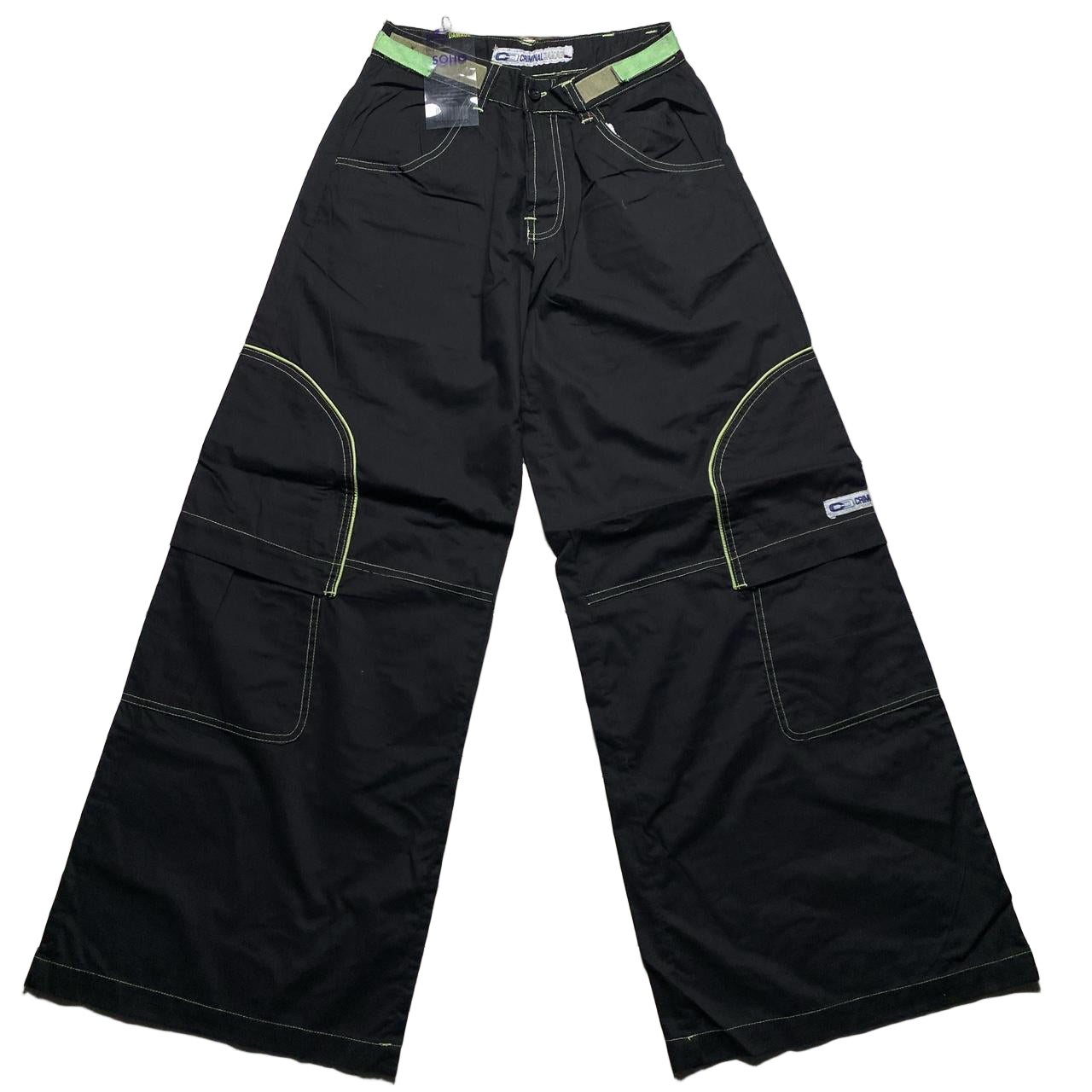Criminal Damage Cargo Parachute Baggy Combat Trousers Black and Green Contrast Stitch (M)