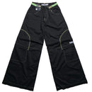 Criminal Damage Cargo Parachute Baggy Combat Trousers Black and Green Contrast Stitch (M)