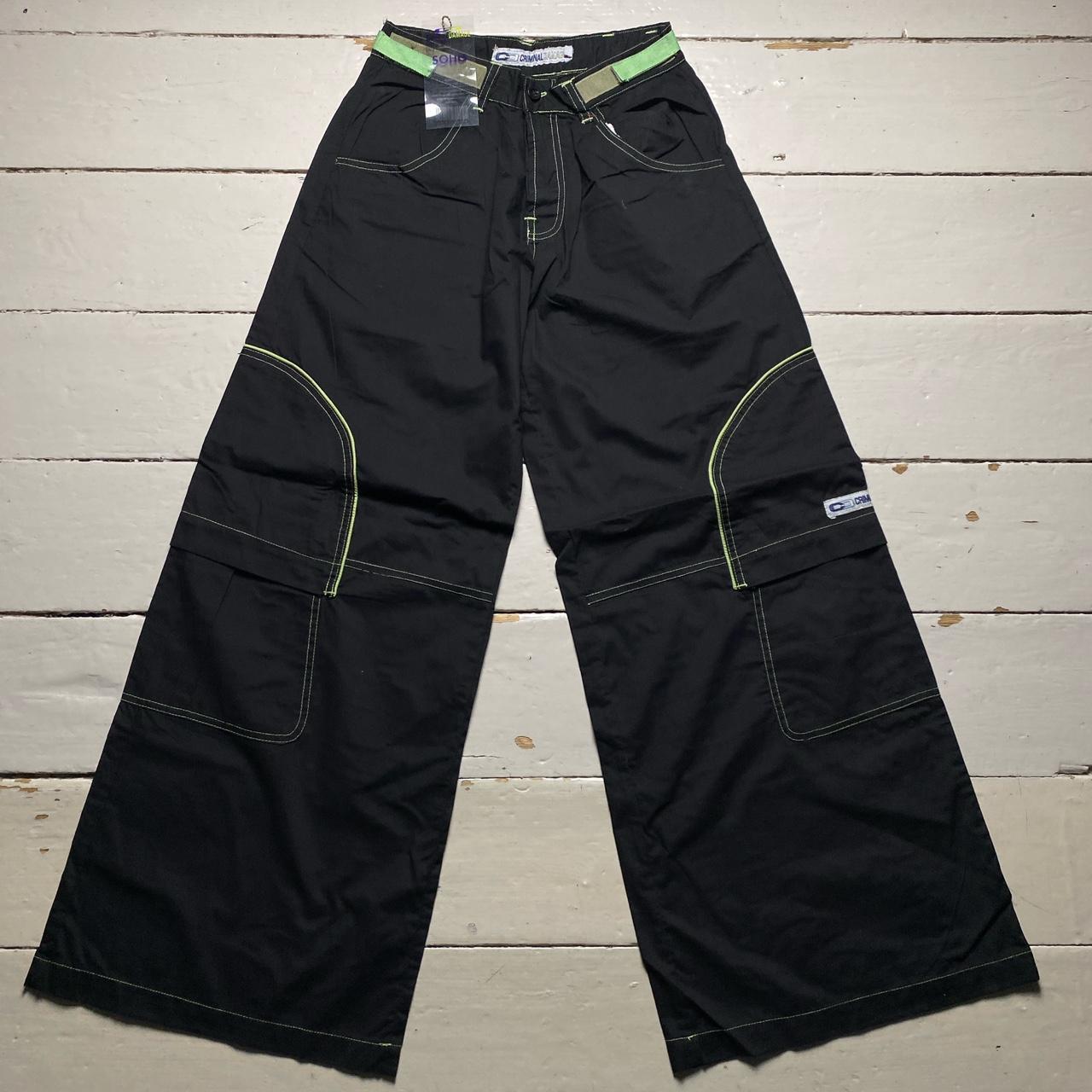 Criminal Damage Cargo Parachute Baggy Combat Trousers Black and Green Contrast Stitch