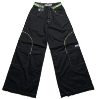 Criminal Damage Cargo Parachute Baggy Combat Trousers Black and Green Contrast Stitch (M)