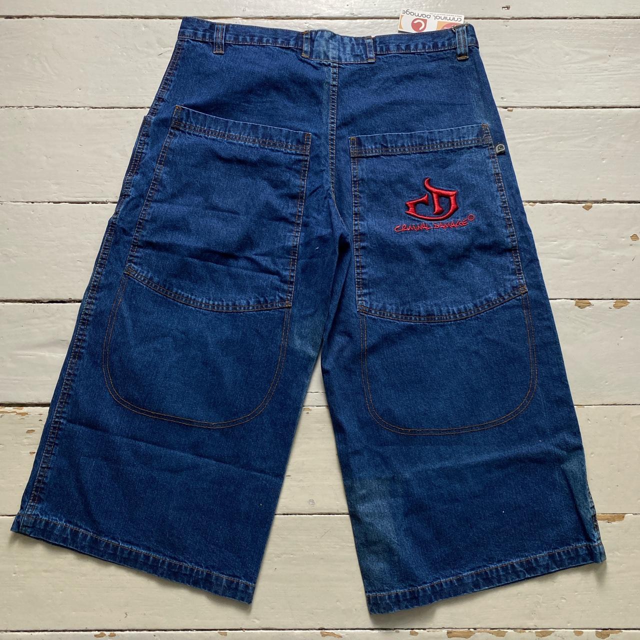 Criminal Damage Baggy Embroidered Navy and Red Jorts Jean Shorts