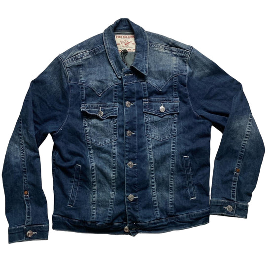 True Religon Denim White Stitch Navy Stonewash Denim Jacket (XL)