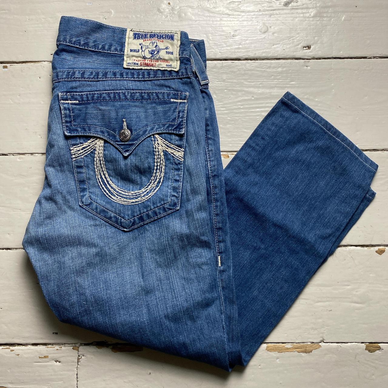 True Religion Blue and White Stitch Straight Baggy Jeans