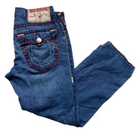 True Religion Ricky Super T Big Red and White Stitch Blue Jeans (34W)