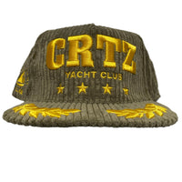 Corteiz Soho Yacht Club Corduroy Khaki Green and Gold Velour Snapback Cap