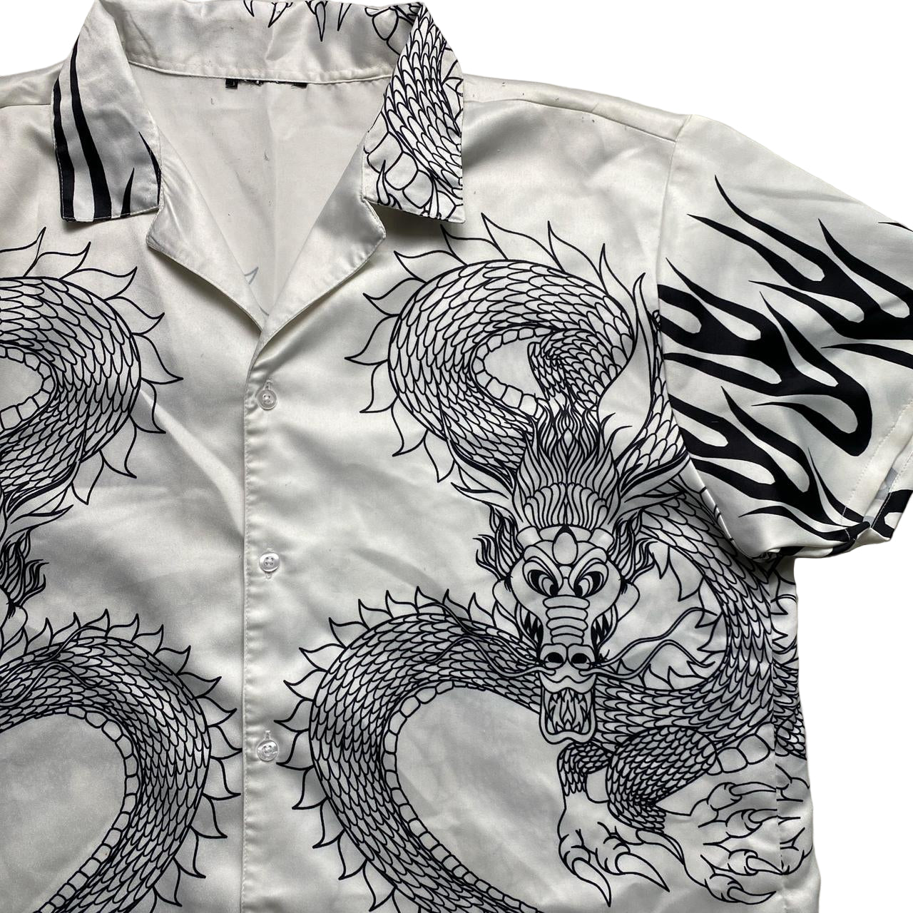 Y2K Dragon and Flames White and Black Silk Shirt (XL)