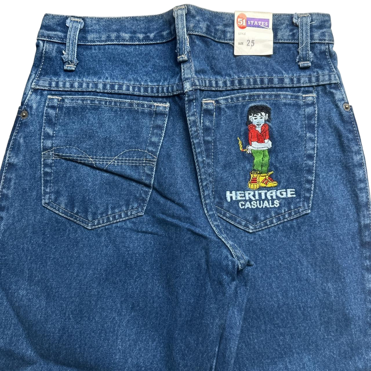 Heritage Casuals Vintage 90’s Embroidery Cartoon Smoking Lady Jeans (23W/24W)