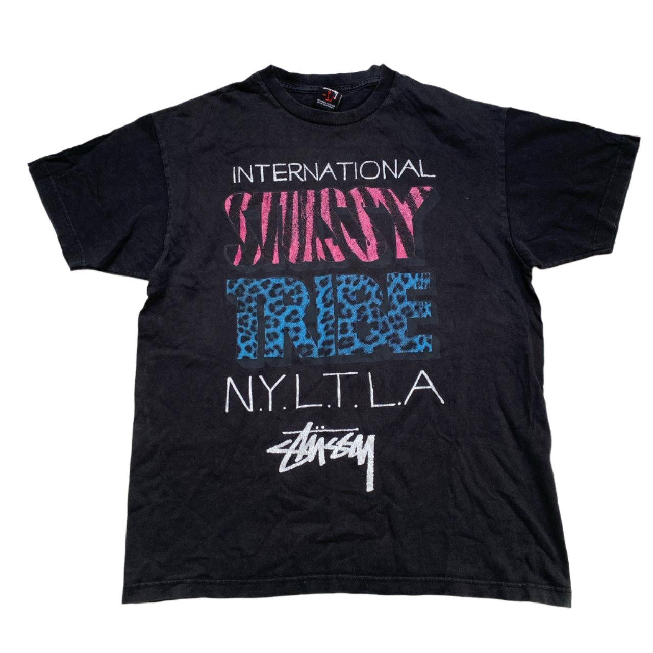Stussy Black Pink Blue and White Vintage T Shirt (L)