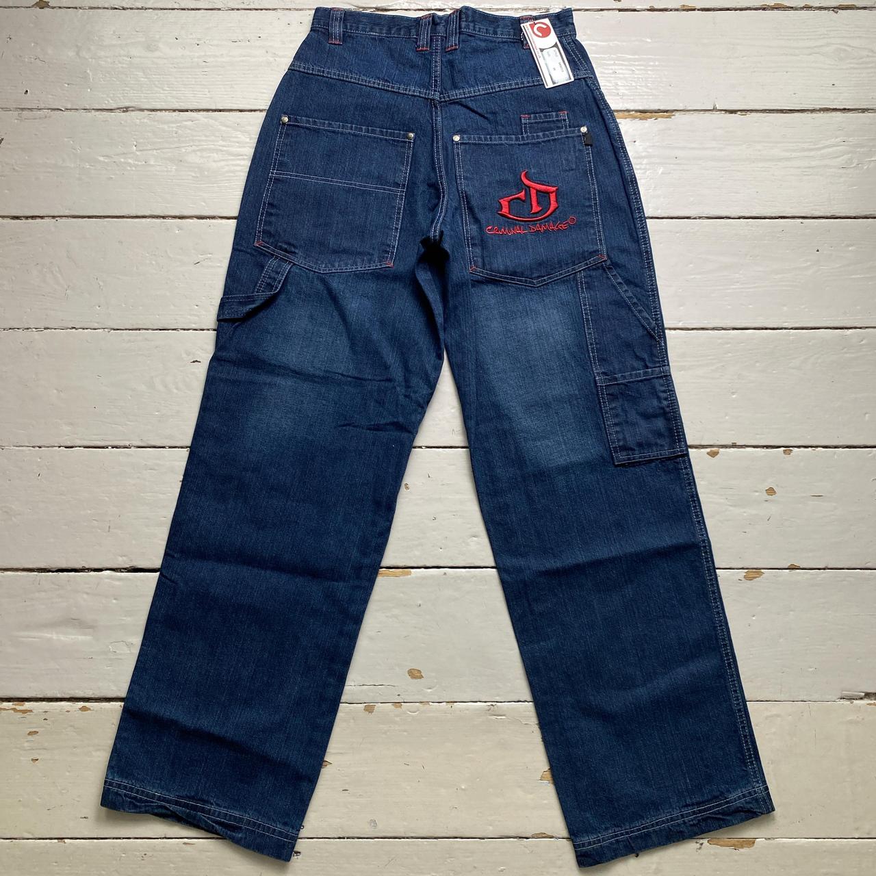 Criminal Damage Baggy Carpenter Jeans Navy and Red Embroidery