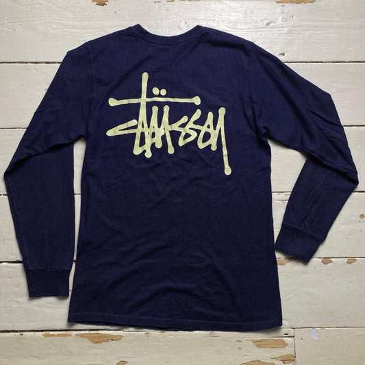 Stussy Navy and Cream White Long Sleeve T Shirt