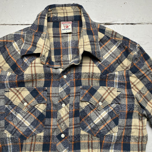 True Religion Stitch Plaid Check Shirt Cream Orange and Navy