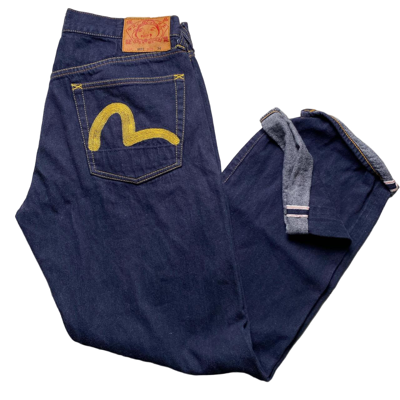 Evisu 0001 Navy and Yellow Daicock Swoosh Jeans (34W)
