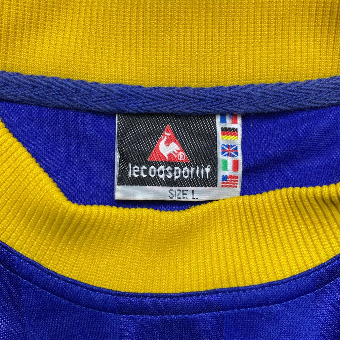 Le Coq Sportif Vintage 90’s Football Jersey T Shirt Blue and Yellow (L)