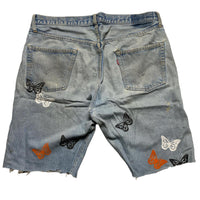 Levis 501 Baggy Cut Down Distressed Vintage Jort Jeans with Butterfly Prints (W 36)