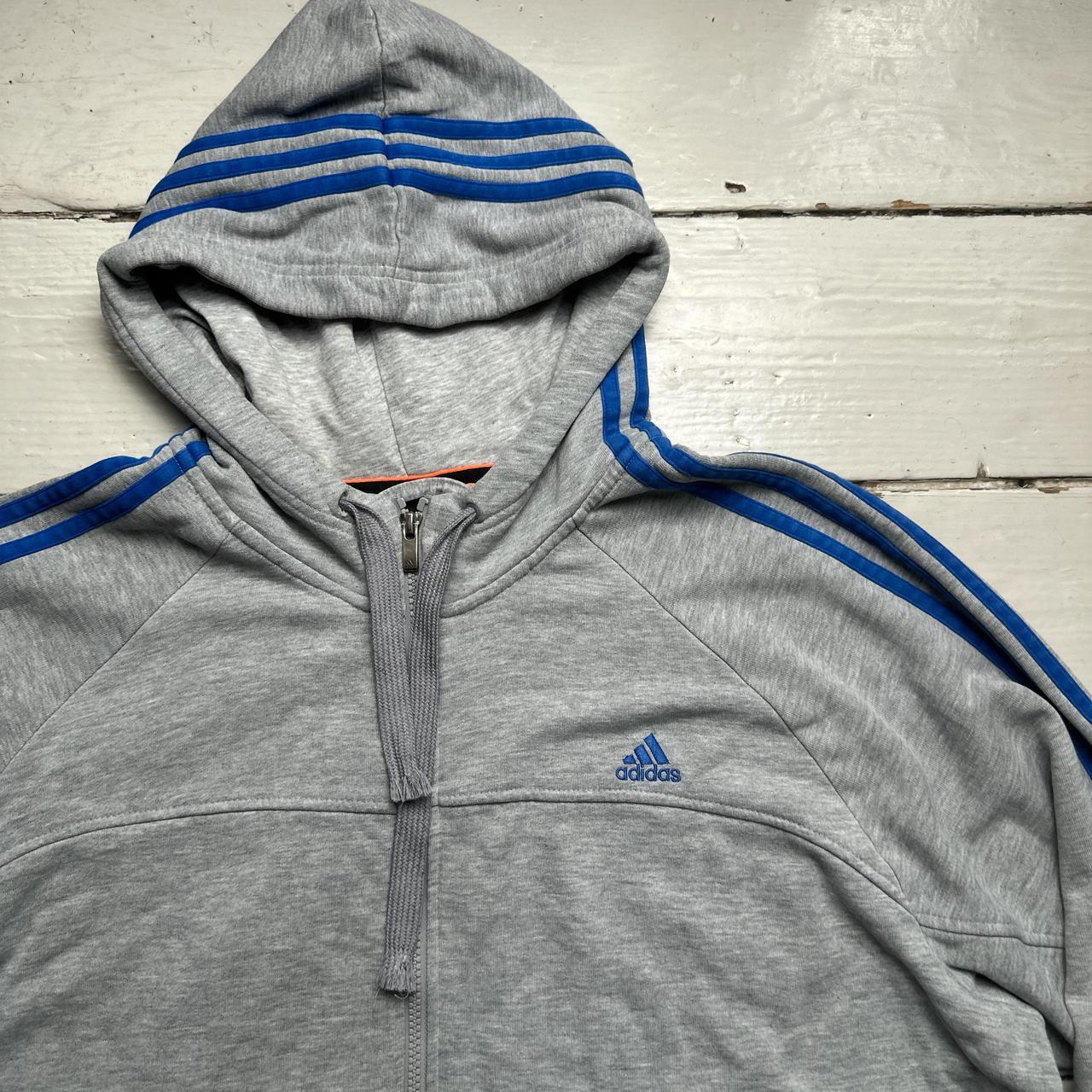 Adidas Performance Essentials Grey and Blue Three Stripe Hoodie