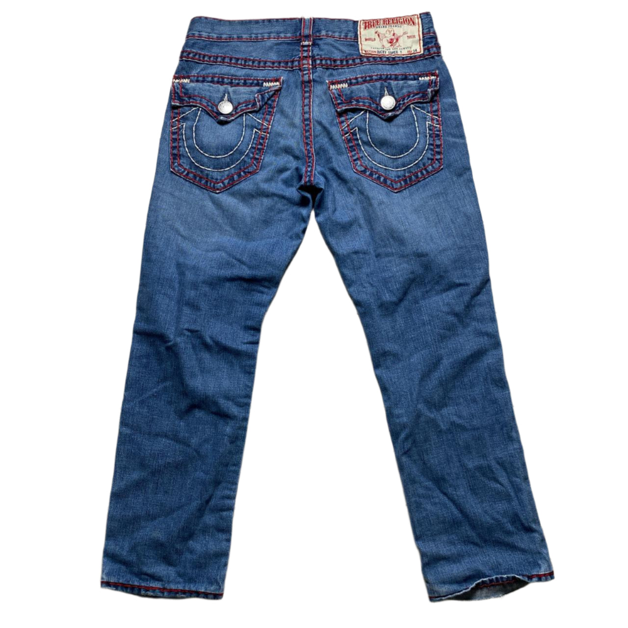 True Religion Ricky Super T Big Red and White Stitch Blue Jeans (34W)