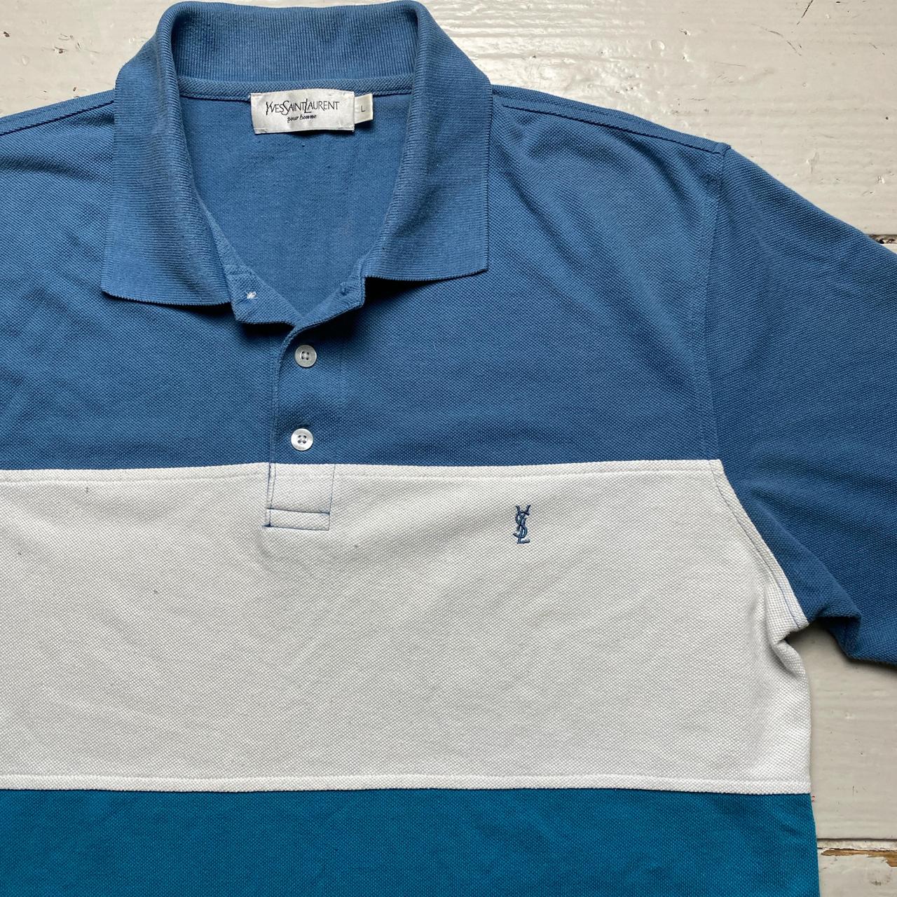 YSL Yves Saint Laurent Blue Two Tone and White Polo Shirt