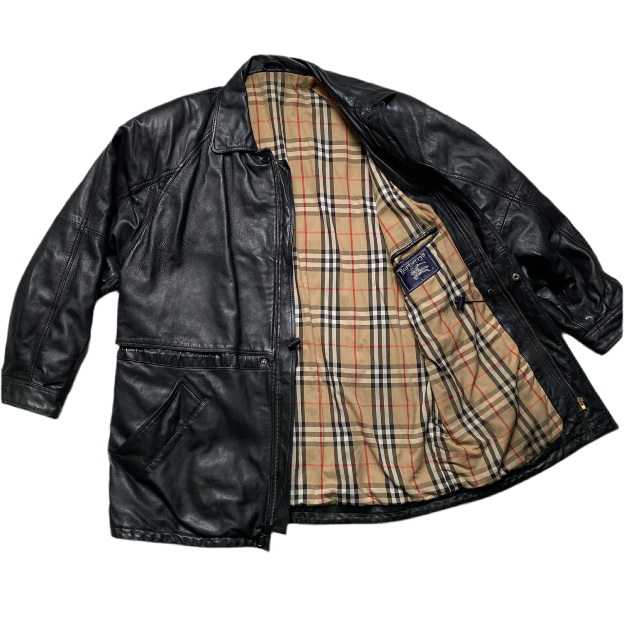 Burberry Burberrys Vintage Black Leather Trench Coat (XL)