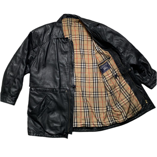 Burberry Burberrys Vintage Black Leather Trench Coat (XL)