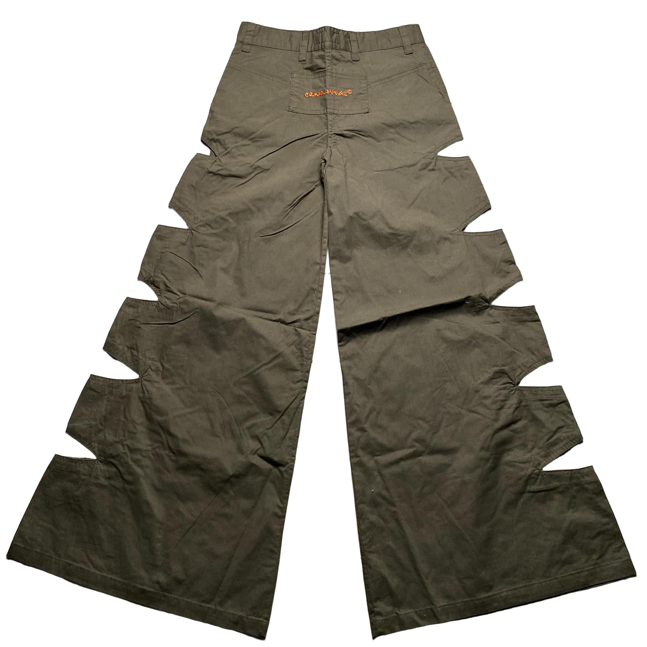 Criminal Damage Rib Cut Baggy Parachute Combat Slit Cargo Trousers Khaki Green and Orange (26W)