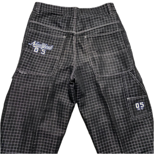 New York 05 Vintage 90’s Baggy Skateboard Carpenter Cargo Black Silver Grid Jeans (36W)