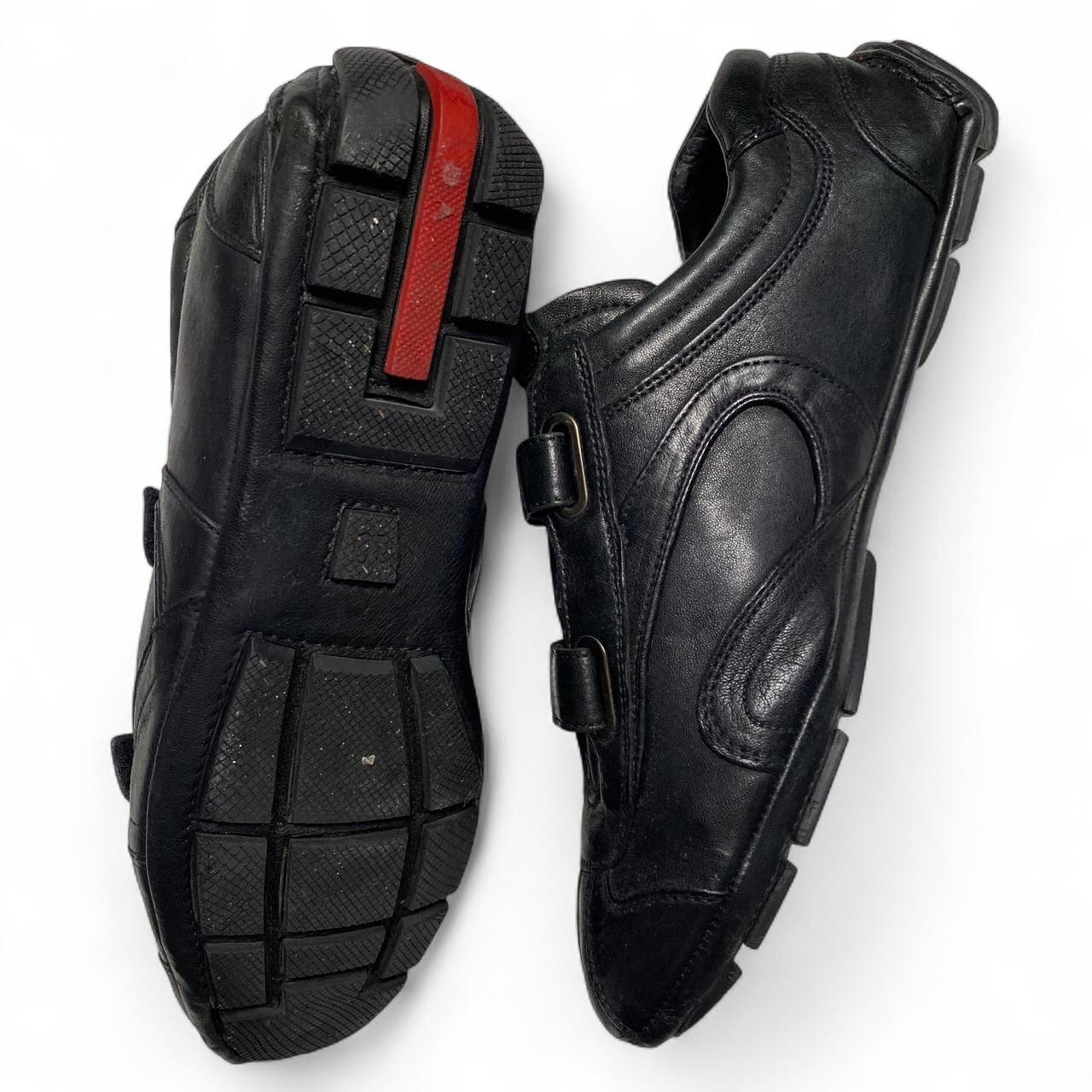 Prada Strap Leather Driving Loafer Shoes Black and Red Tab (UK 10)