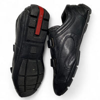 Prada Strap Leather Driving Loafer Shoes Black and Red Tab (UK 10)