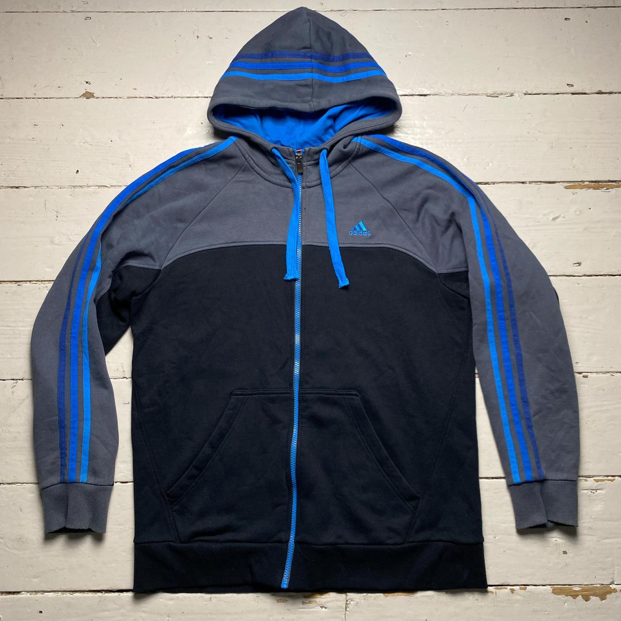 Adidas Performance Essentials 3 Stripe Grey Black and Tri Blue Hoodie