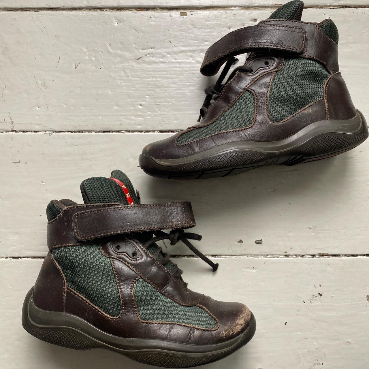 Prada Americas Cup Vintage Brown and Red High Top Trainer Boots