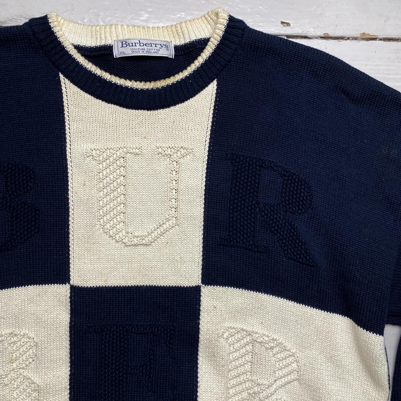 Burberry Burberrys England Vintage Navy and Cream White Big Lettering Cable Knit Jumper