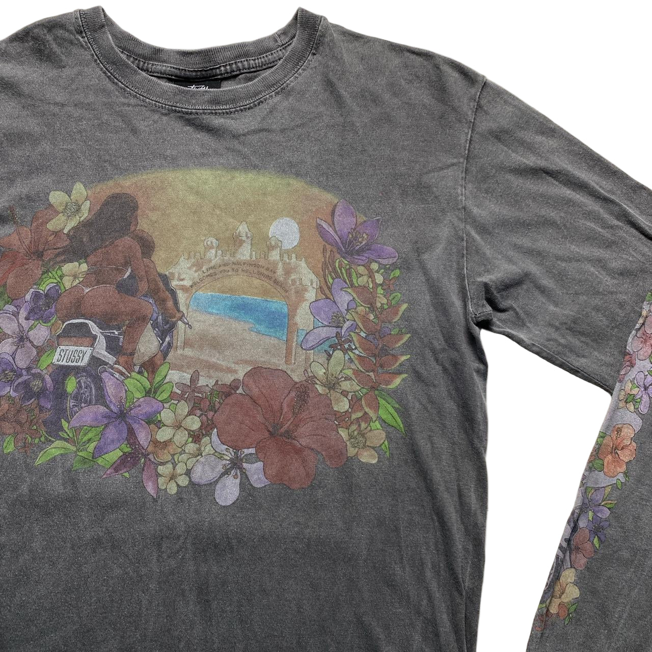 Stussy Hawaiian Motorbiker Girl Grey Floral Long Sleeve T Shirt (S)