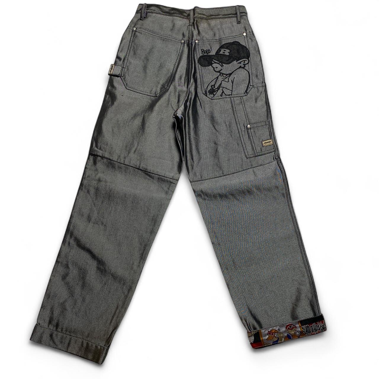 School Of Hard Knocks Vintage Y2K 90’s Shiny Metallic Silver Denim Baggy Hip Hop Graffiti B Boy Char