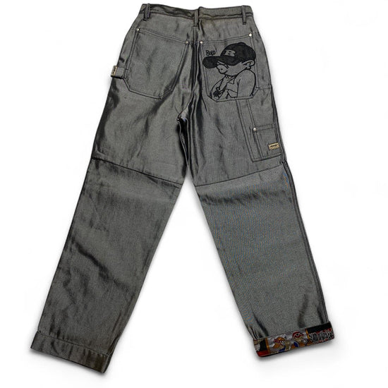 School Of Hard Knocks Vintage Y2K 90’s Shiny Metallic Silver Denim Baggy Hip Hop Jeans Graffiti B Boy Char