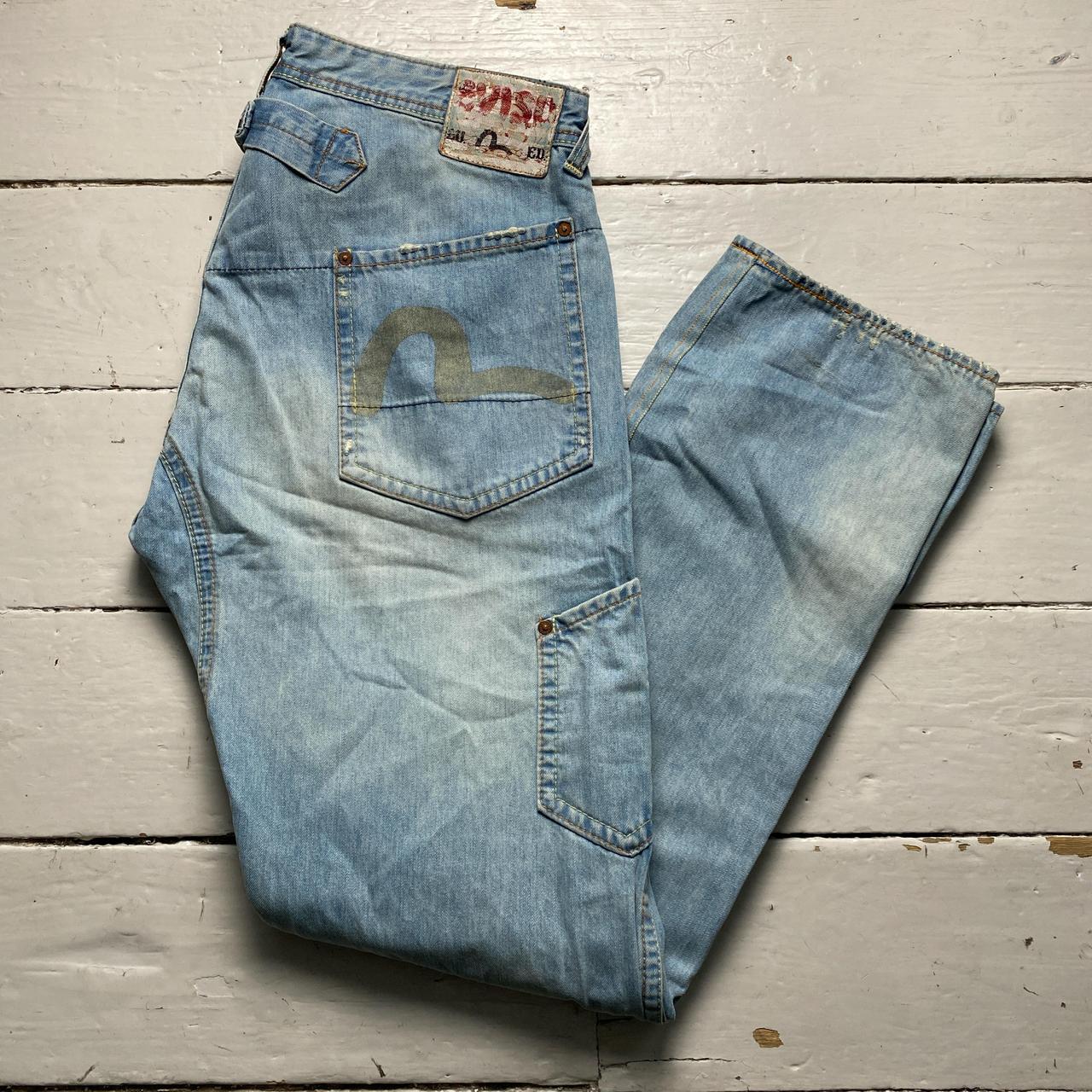 Evisu Baggy Cargo Jeans Light Blue with Cream Daicock Swoosh