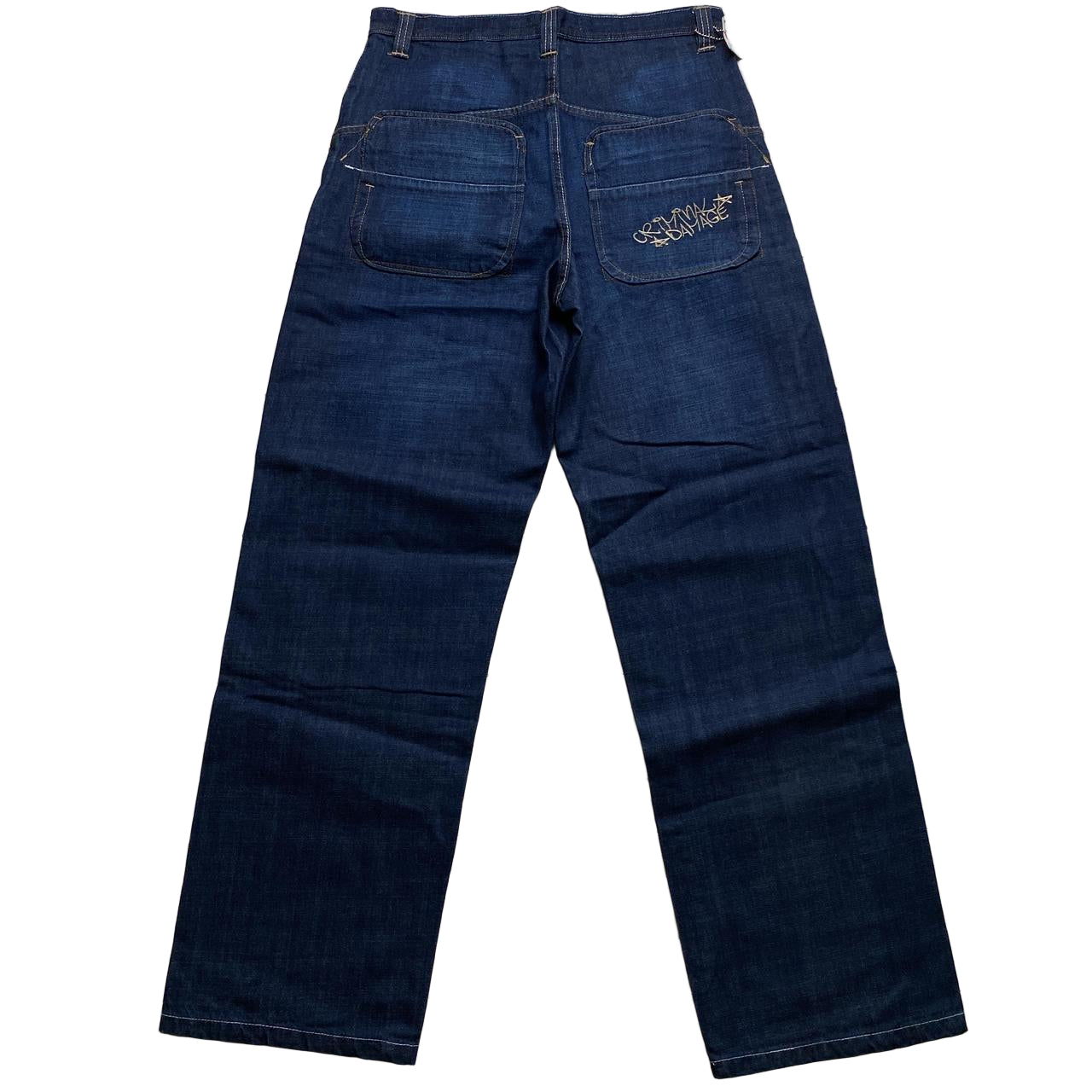 Criminal Damage Baggy Carpenter Graffiti Navy and Cream Embroidery Jeans (34W)