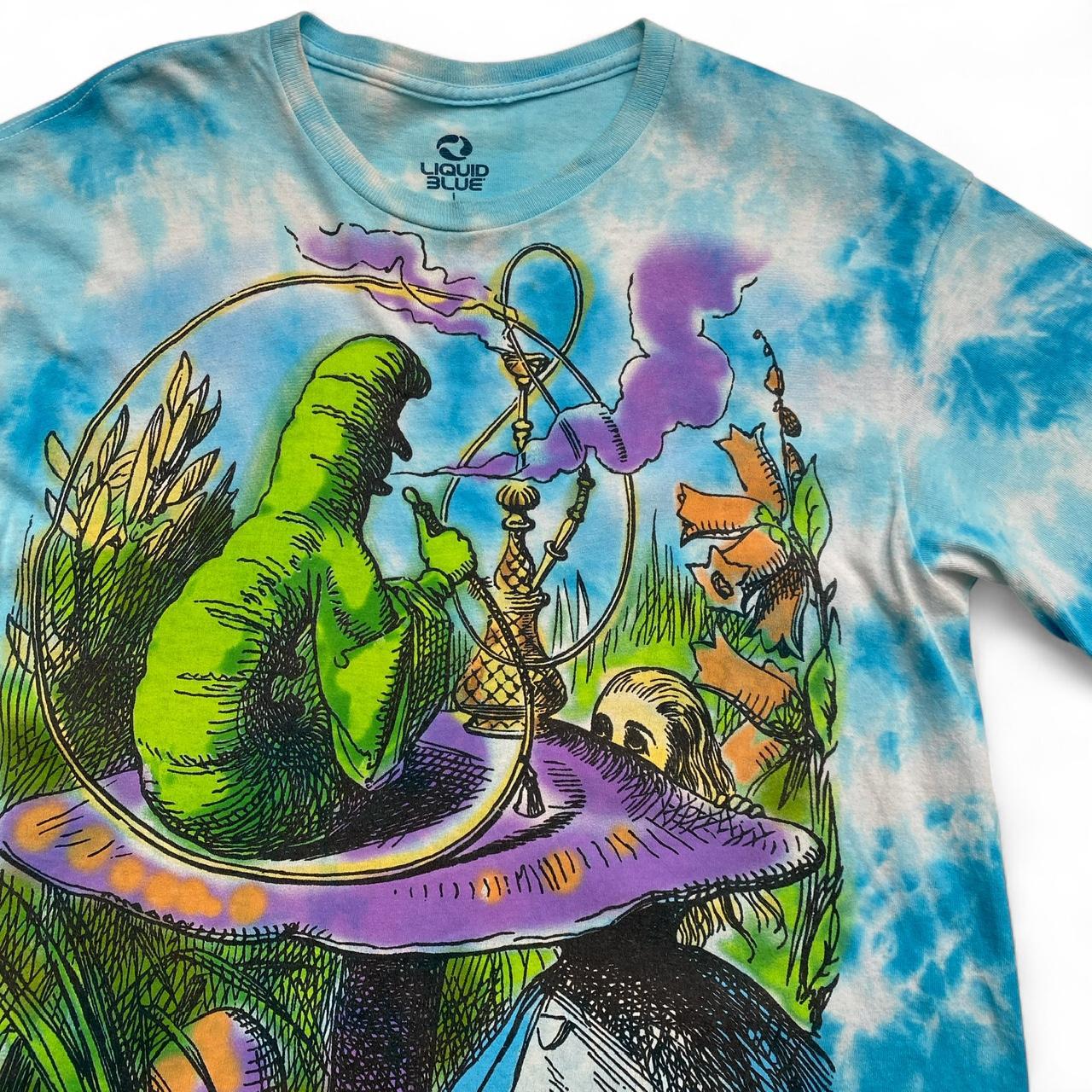 Alice in Wonderland Liquid Blue Shisha Trippy Graphic Tie Dye Blue T Shirt (L)